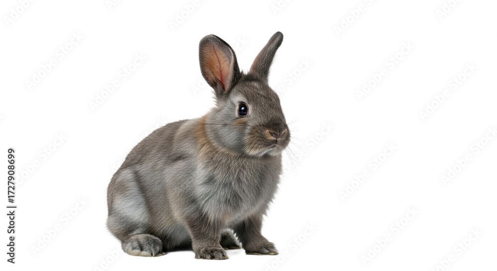 Fototapeta premium Gray rabbit sits on a white background looking towards the left.