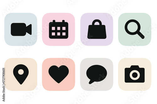 Pastel Icon Collection. Solid, filled icon set of soothing colors: pastel blue, soft pink, lavender, mint green, beige, peach, light gray, cream. Solid, filled