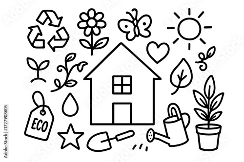 Eco Home Doodle. Hand-drawn doodle illustration Sustainable home lifestyle [house, recycling symbol, eco leaf, flower, sprout, vine, sun, droplet, potted