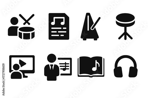 Drumline Education Icons. Solid, filled icon set of drumline education: drum lesson, sheet music, metronome, practice pad, video tutorial, instructor, music