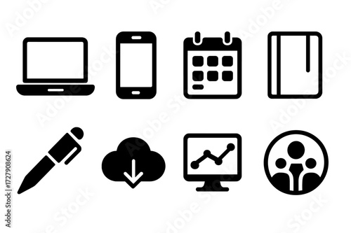 Start-Up Toolkit Icons. Solid, filled icon set of start-up tools: laptop, smartphone, calendar, notebook, pen, cloud storage, analytics software, collaboration