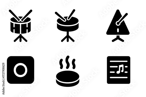 Drumming Practice Icon Set. Solid, filled icon set of floor tom practice: rhythm exercises, timing practice, stick control, metronome, drum pad, recording,