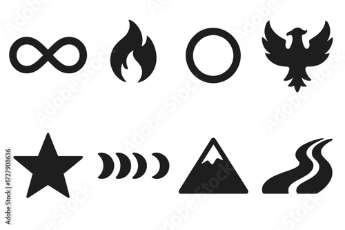 Eternal Icons Grid. Solid, filled icon set of eternal objects: infinity knot, flame, circle ring, phoenix, star, moon phases, mountain peak, flowing river.