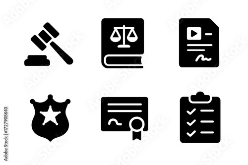 Media Regulation Icons. Solid, filled icon set of media regulation: gavel, law book, contract, courthouse, scales of justice, badge, certificate, compliance