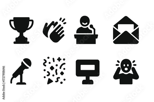 Award Ceremony Icons. Solid, filled icon set of award ceremony applause: golden trophy, stage clapping, presenter smile, envelope open, mic announcement,