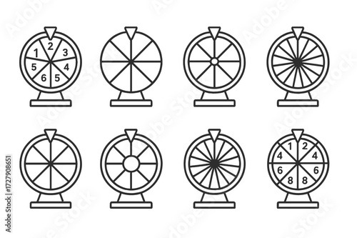 Lucky Spin Wheel Icons. Outline icon set of lucky spin wheel: numbered segments, rotating dial, pointer arrow, prize wheel divisions, roulette