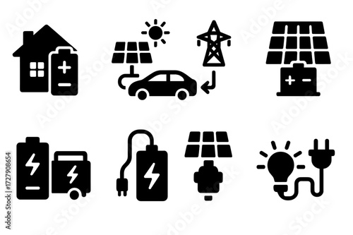 Solar Energy Icons. Solid, filled icon set of solar battery usage: home energy, electric car charging, grid feed-in, off-grid system, backup power, portable