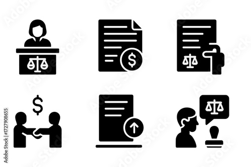 Legal Process Icons. Solid, filled icon set of liquidation legal process: court hearing, legal contract, power of attorney, lawsuit, settlement agreement,