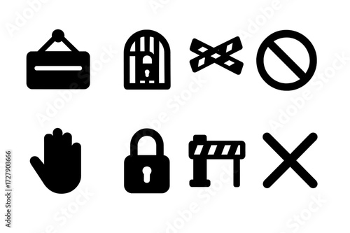 Restricted Access Icons. Solid, filled icon set of restricted access: closed signboard, locked gate, caution tape, no entry symbol, stop hand, padlock,