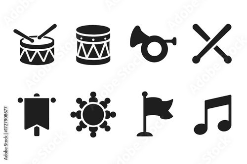 Battle Icon Set. Solid, filled icon set of battle rhythm elements: marching drum, war drum, battle horn, drumsticks, war banner, drum circle, battlefield flag,