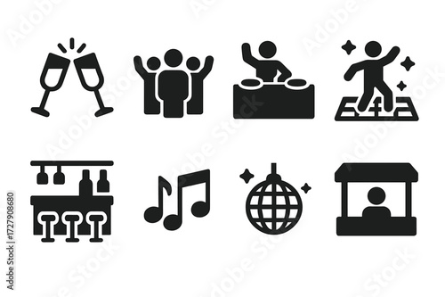 Party Icon Set. Solid, filled icon set of bouncer party and event: celebration toast, party crowd, DJ booth, dance floor, bar counter, music notes, disco ball,