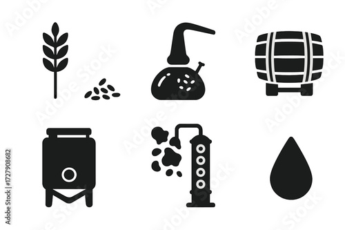 Whiskey Production Icons. Solid, filled icon set of whiskey production: barley, malt, copper still, oak barrel, fermentation tank, distillation column, yeast,
