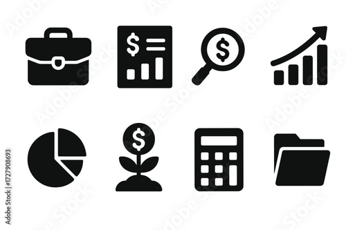 Asset Management Icons. Solid, filled icon set of asset management: portfolio, financial report, asset tracking, bar chart, pie chart, investment growth,