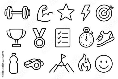 Gym Motivation Icons. Hand-drawn doodle illustration gym motivation dumbbell, flexed arm, star, lightning bolt, target, trophy, medal, checklist, stopwatch,