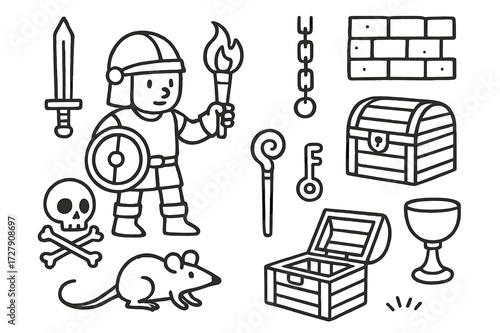 Dungeon Adventure Icons. Hand-drawn doodle illustration dungeon adventure adventurer, sword, shield, torch, helmet, treasure chest, skull, bones, goblet, rat,
