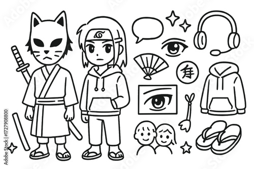 Anime Cosplay Doodle. Hand-drawn doodle illustration [Anime duo cosplay] [fox mask, headband, katana, robe, anime eye, hair clip, fan, badge, sandals, speech
