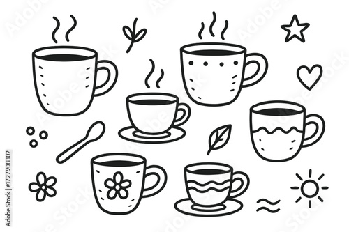 Pottery Mug Doodle. Hand-drawn doodle illustration Pottery mugs and cups [coffee mug, tea cup, handle, spoon, steam lines, clay texture, small plate,