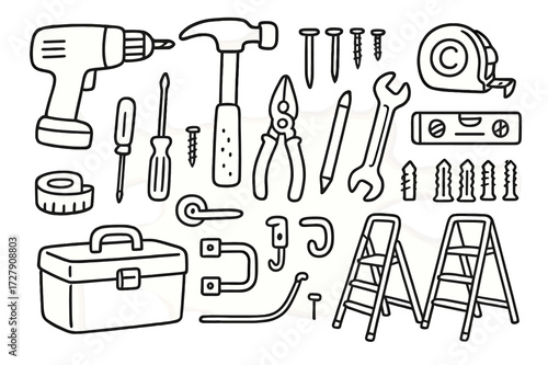 Curtain Installation Tools. Hand-drawn doodle illustration tools for hanging curtains drill, screwdriver, hammer, nails, screws, measuring tape, level, wall