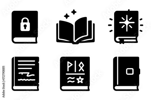 Grimoire Icon Set. Solid, filled icon set of grimoires: locked book, chained tome, floating grimoire, glowing cover, ancient manuscript, rune-covered book,