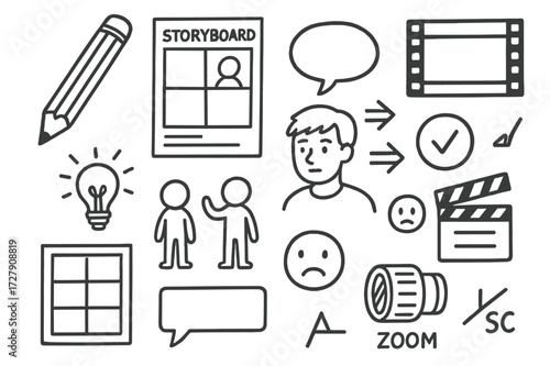 Storyboard Elements Doodle. Hand-drawn doodle illustration Storyboarding pencil, paper, film frames, character sketch, speech bubble, sequence
