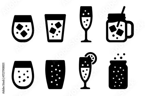 Sparkling Water Icons. Solid, filled icon set of sparkling water glasses: stemless glass, tumbler, tall flute, mason jar glass, with ice, with straw, with