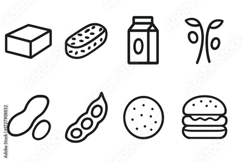 Legume Foods Icons. Solid, filled icon set of legume related foods: tofu block, tempeh slice, soy milk carton, bean sprouts, peanut pod, edamame pod, falafel