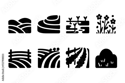Field Landscape Icons. Solid, filled icon set of field landscapes: rolling hills, terraced fields, flooded rice fields, wildflower meadow, fenced pasture,