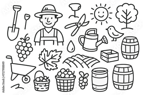 Vineyard Harvest Doodles. Hand-drawn doodle illustration Vineyard farmer farmer hat, shovel, wheelbarrow, grape cluster, basket, vine leaf, scissors, watering