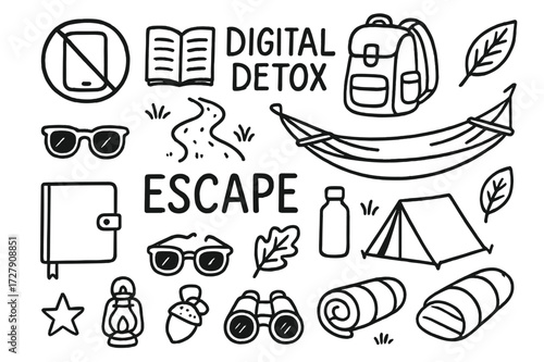 Digital Detox Icons. Hand-drawn doodle illustration [Digital detox escape] [no phone icon, book, nature trail, backpack, hammock, sunglasses, reusable bottle,