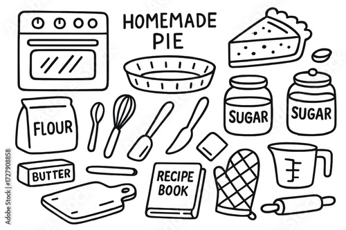 Homemade Pie Essentials. Hand-drawn doodle illustration homemade pie slice oven, pie slice, pie tin, flour bag, sugar jar, butter block, whisk, rolling pin,