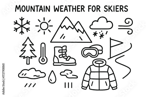 Skiing Weather Icons. Hand-drawn doodle illustration [Mountain weather for skiers] [snowflake, sun, cloud, wind swirl, mountain, pine tree, slope, flag,