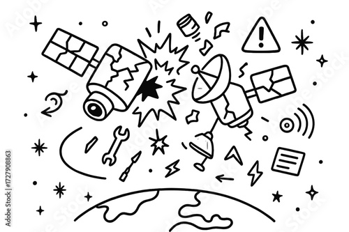 Satellite Collision Debris. Hand-drawn doodle illustration satellite collision debris cracked satellite, spinning parts, broken dish, metal fragments, orbit