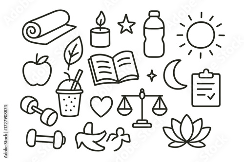 Holistic Health Doodles. Hand-drawn doodle illustration Holistic health wellness yoga mat, leaf, candle, water bottle, book, star, sun, moon, dumbbell, apple,