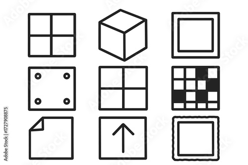 Geometric Doodle Icons. Hand-drawn doodle illustration square geometric square, grid lines, cube, square frame, four dots, symmetry icon, puzzle square, square