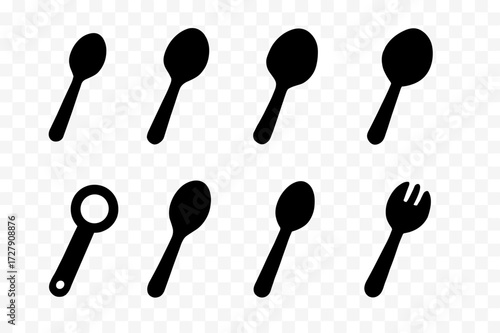Spoon Icon Collection. Solid, filled icon set of spoon types: teaspoon, tablespoon, dessert spoon, soup spoon, measuring spoon, wooden spoon, plastic spoon,
