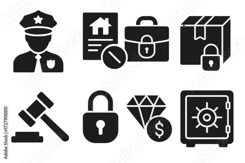 Property Seizure Icons. Solid, filled icon set of property seizure: police officer, confiscated documents, locked briefcase, sealed box, auction hammer,