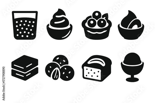 Plant-based Dessert Icons. Solid, filled icon set of plant-based desserts: chia pudding, coconut ice cream, fruit tart, avocado mousse, vegan brownies, almond