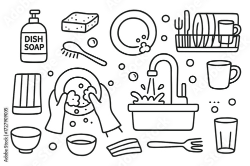 Doodle Dishwashing Essentials. Hand-drawn doodle illustration [Washing dishes by hand] [dish soap, sponge, plate, sink, scrub brush, water splash, gloves, dish