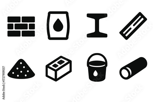 Construction Materials Icons. Solid, filled icon set of construction materials: brick, cement bag, steel beam, wooden plank, gravel pile, concrete block, paint
