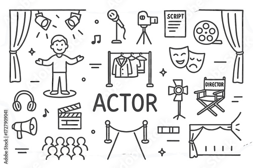 Stage Essentials Doodle. Hand-drawn doodle illustration Actor under lights Stage lights, microphone, camera, director?s chair, script, clapperboard, costume
