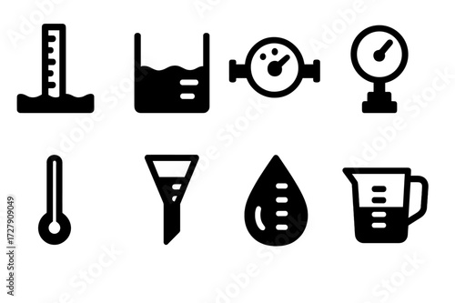Water Measurement Icons. Solid, filled icon set of water measurement: water gauge, water level, flow meter, water pressure, thermometer, rain gauge, water drop