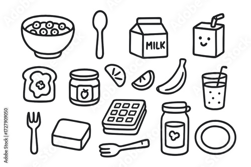 Breakfast Essentials Doodles. Hand-drawn doodle illustration kids breakfast cereal bowl, spoon, milk carton, toast, jam jar, yogurt cup, fruit slice, banana,