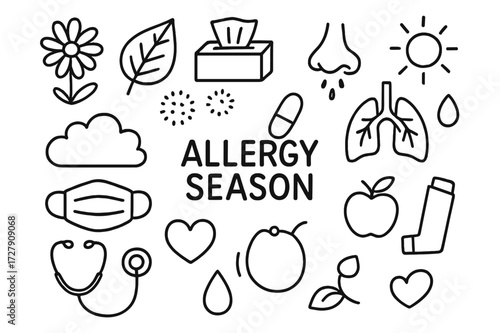 Allergy Season Doodle. Hand-drawn doodle illustration allergy season pollen, flower, leaf, tissue box, nose, lungs, pill, mask, raindrop, sun, heart, apple,