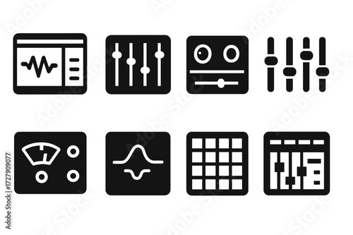 Studio Software Tool Icons. Solid, filled icon set of studio software tools: DAW, mixer, plugin, equalizer, compressor, reverb, sampler, sequencer. Solid,