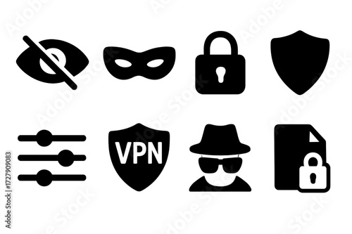 Data Privacy Icons. Solid, filled icon set of data privacy: eye with slash, mask, padlock, shield, privacy settings, VPN, anonymous user, encrypted file. Line