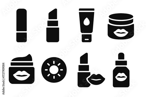 Lip Care Icon Set. Solid, filled icon set of lipstick care: lip balm, exfoliator, moisturizer, lip scrub, lip mask, sunscreen, lip primer, lip treatment.