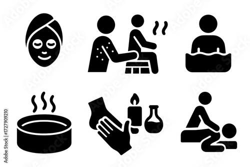 Spa Treatment Icons. Solid, filled icon set of spa treatments: facial, body scrub, sauna, mud bath, hot tub, reflexology, aromatherapy, deep tissue massage.