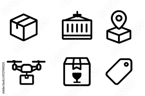 Shipping Icons Set. Solid, filled icon set of shipping: cargo box, shipping container, courier bag, parcel tracking, delivery drone, taped box, fragile