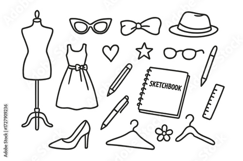 Fashion Doodle Icons. Hand-drawn doodle illustration Fashion sketchbook [mannequin, dress doodle, high heel, glasses, hat, bow, star, heart, pen, pencil,