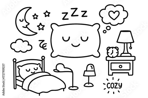 Sleepy Doodle Icons. Hand-drawn doodle illustration Pillow and good sleep [pillow, sleeping face, moon, stars, cloud, bed, zzz letters, blanket,